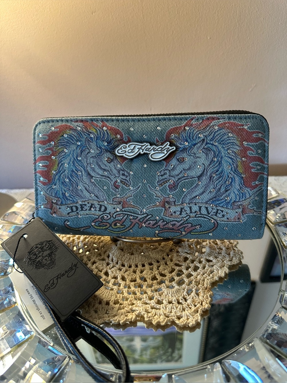 Ed Hardy Blue Duo Horse Dead or Alive Zip Wallet with Stud Accents